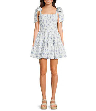 Floral Printed Tie Shoulder Smocked Dress | Dillard's