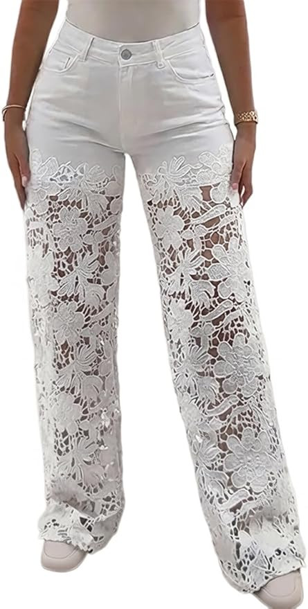 CHICME Women's High Waist Jeans Lace Spliced Stretchy Zipper Wide Leg Pants with Pockets Hollow-O... | Amazon (US)