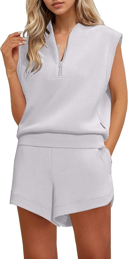 Women Two Piece Outfits Half Zip Sweatshirt Shorts Set Cap Sleeve Sweatshirt High Drawstring Wais... | Amazon (US)