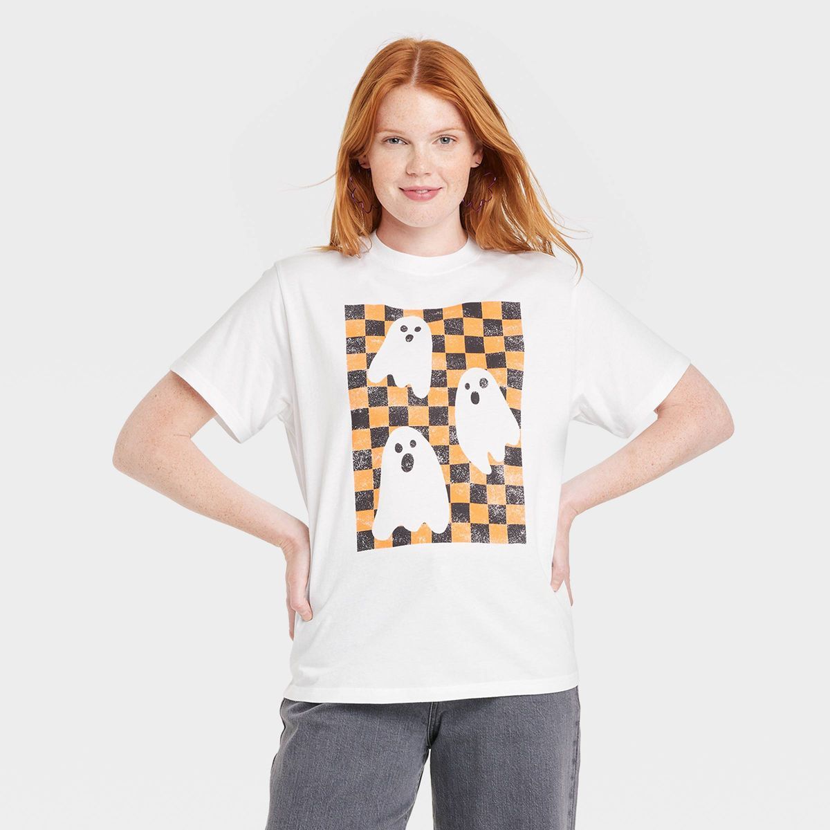 Women's Halloween Ghost Checker Short Sleeve Graphic T-Shirt - White | Target