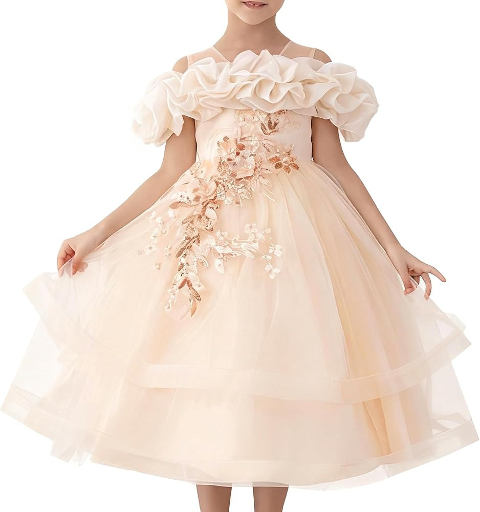 Girls' Special Occasion Dresses with Cloud Shoulder Design, Mid-Length Easter Dress for Girls | Amazon (US)