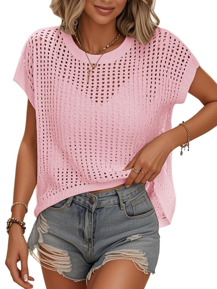 Womens Summer Crochet Tops Hollow Out Cap Sleeve Cover Up Tank Top Pullover Sweater Vest Beach Va... | Amazon (US)