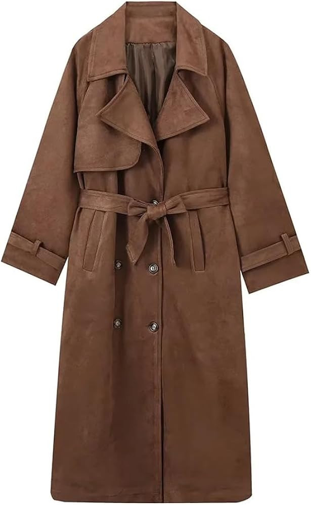 NDCOXQW Womens Faux Suede Trench Coat Fall & Winter Pea Coat Long Suede Leather Jacket Double Bre... | Amazon (US)