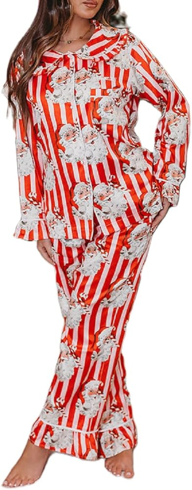 Luckinbaby Women Christmas Pajamas Set Candy Cane Print Knotted Pj Lounge Set Long Sleeve Xmas To... | Amazon (US)