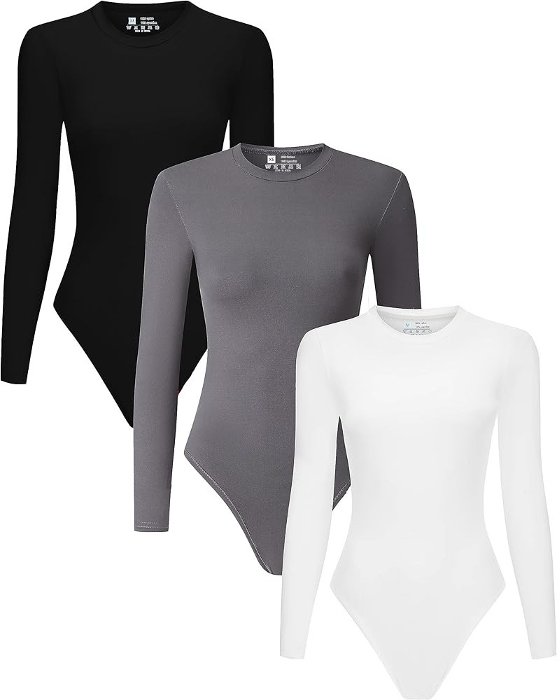 Chongbaijia 3 Piece Women's Crew Neck Long Sleeve Bodysuits T Shirts Body Suit Top | Amazon (US)