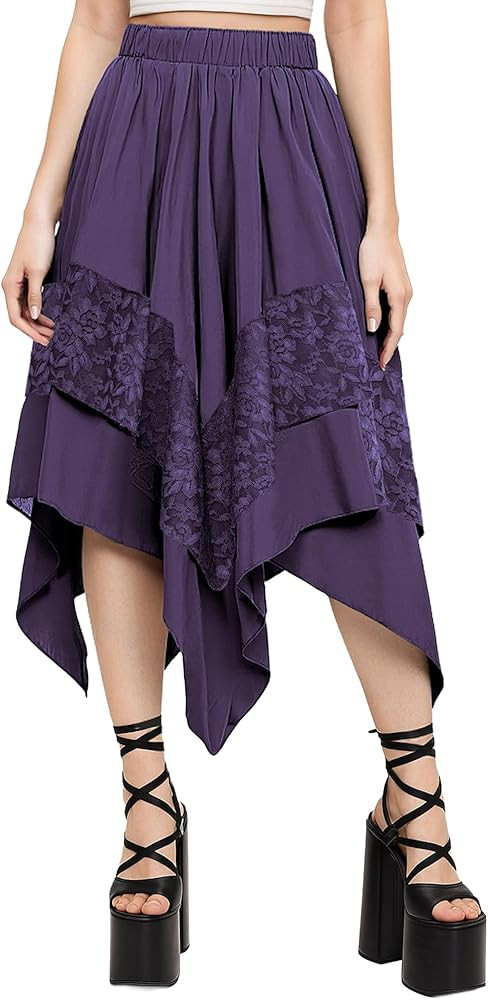 Women Renaissance Fairy Skirt Y2K Flowy Skirt Asymmetrical Layered Lace High Waist Gothic Boho Pi... | Amazon (US)