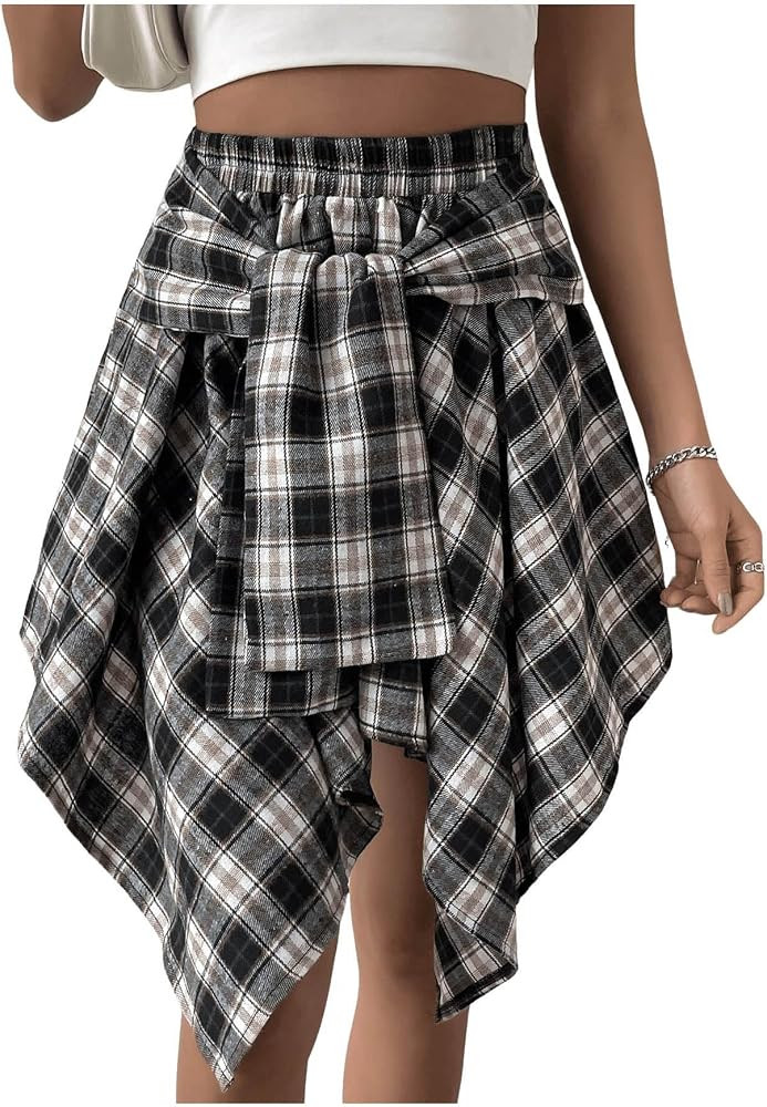 Floerns Women's Plaid Print Tie Front High Waist Asymmetrical Hem Short Skirt | Amazon (US)