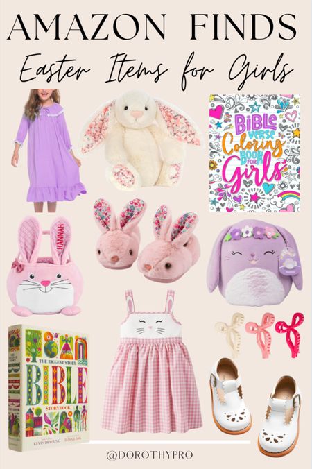 Amazon Finds! Easter Items for girls! Dresses, bunny, night gown, Bible coloring book, claw clips, Bible, shoes, stuffed animals, and bunny house slippers!

#LTKstyletip #LTKfindsunder50 #LTKSeasonal