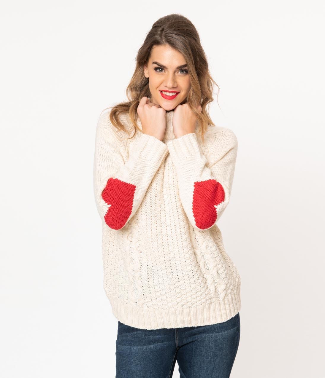 Ivory Chunky Knit Heart Turtleneck Sweater | UniqueVintage