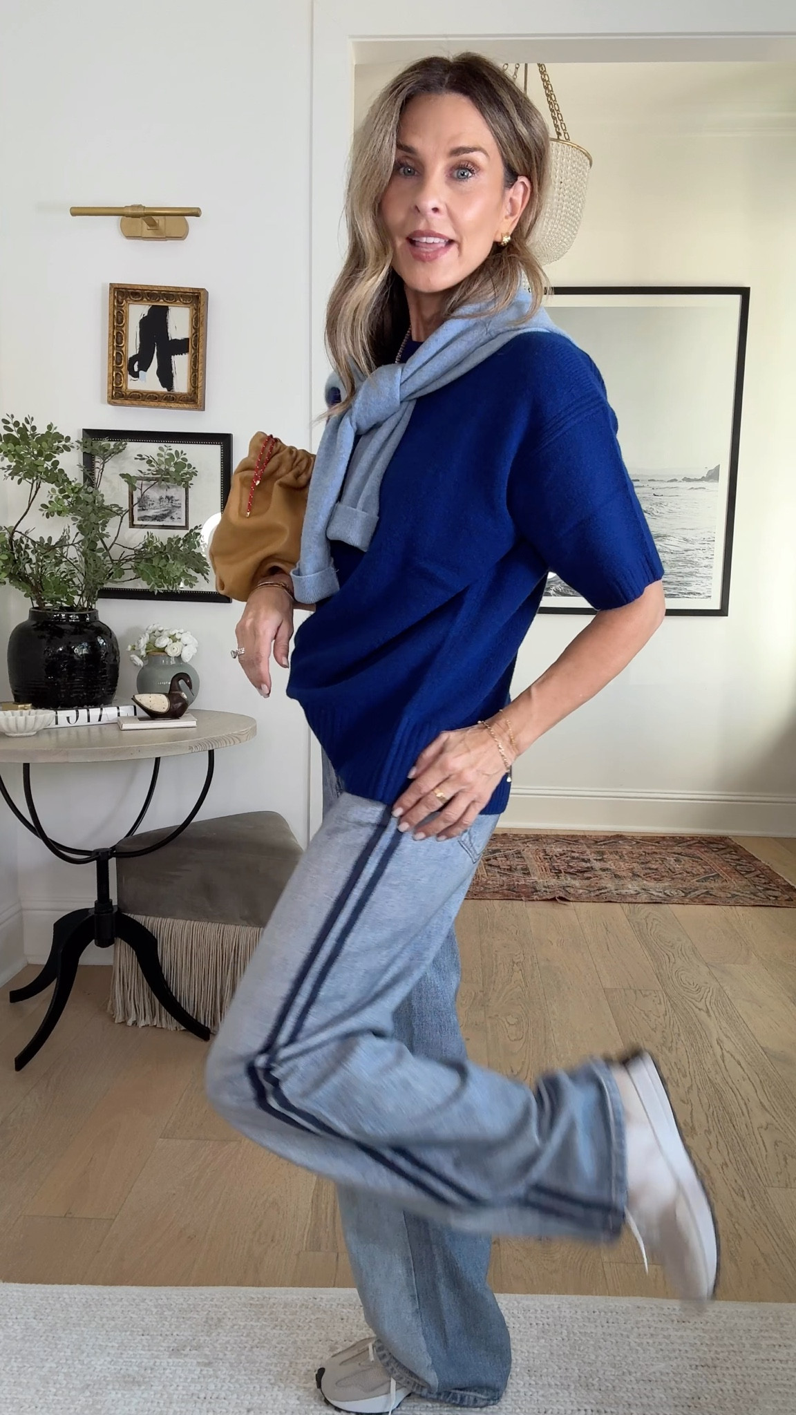 I’m 5’6”
-Wearing XS, sweatpant jean. I could wear XXS so size down. These are not washed yet. 
-sweater on sale sz XXS size down. 
-quince lt blue sweater in stock 
-The BEST CZ tennis necklace with the most sparkle! 
-Yes, I LOVE the Parker Thatch bag! 
#LTKStyleTip 

#LTKOver40 #LTKTravel