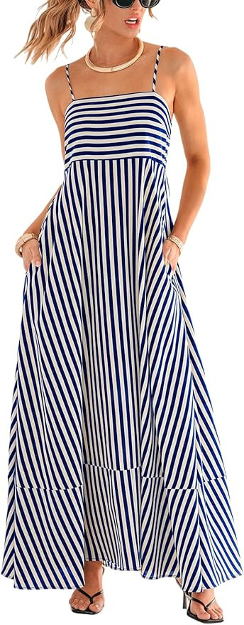 CUPSHE Womens Summer Maxi Dress Casual Sleeveless Square Neck Striped Beach Long Dress with Pocke... | Amazon (US)