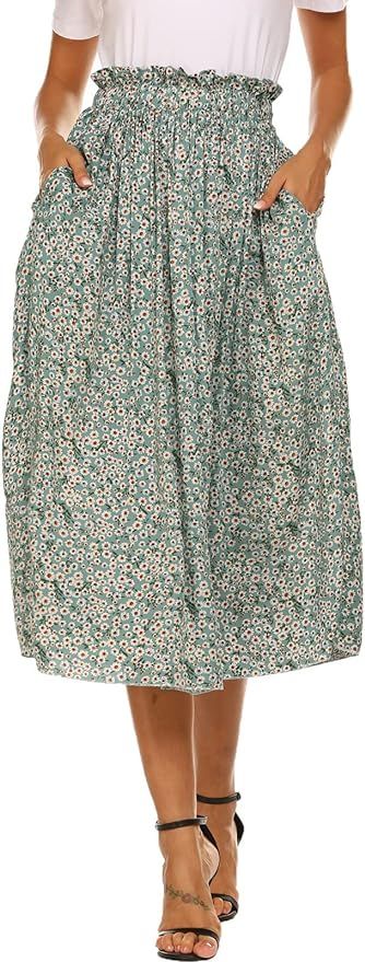 Naggoo Women's Skirts High Elastic Waisted Casual Skirt Pleated Floral/Solid Midi Skirts with Poc... | Amazon (US)