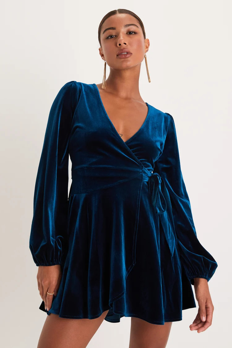 Sincerely Charming Dark Teal Velvet Long Sleeve Wrap Mini Dress | Lulus (US)