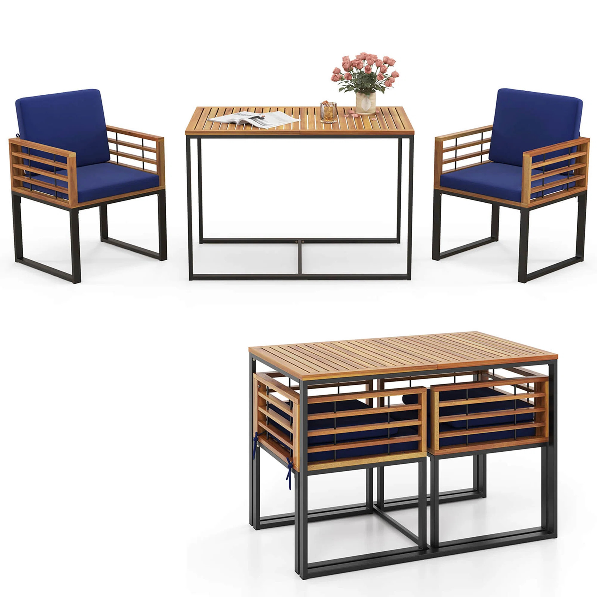 3 Pcs Patio Dining Table Set With Bistro Chairs Large W/ Seat Cushions | Wayfair North America
