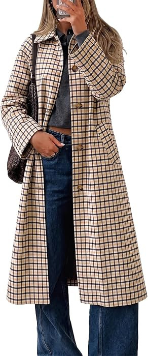 Cicy Bell Womens Plaid Trench Coat Fall Lapel Single Breasted Long Jacket | Amazon (US)