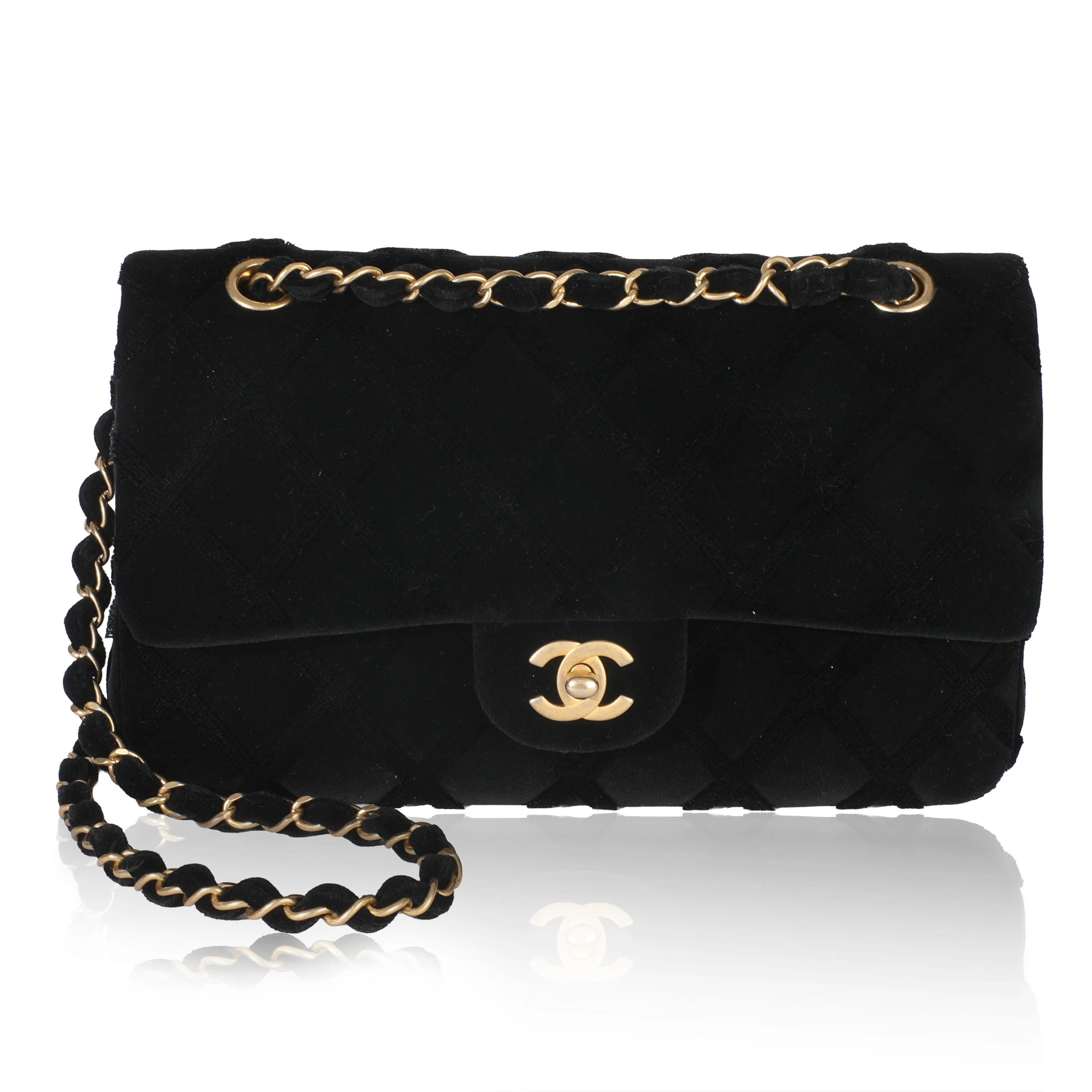 Black Quilted Velvet Medium Classic Double Flap Bag | myGemma