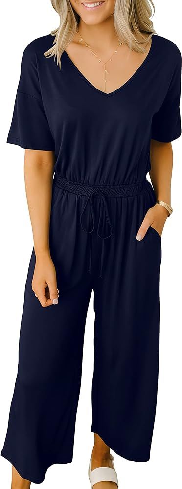 ANRABESS Women Short Sleeve Summer Casual V Neck Elastic Waist Wide Leg Cropped Pant Jumpsuits Rompe | Amazon (US)