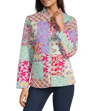 Petite Size Reversible Quilted Spring Patchwork Band Collar Long Sleeve Shirt Jacket | Dillard's