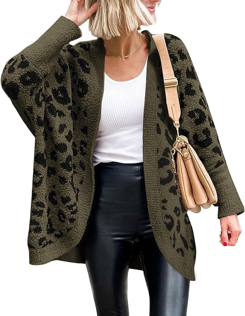 BTFBM Women Fashion Leopard Print Long Sleeve Sweater Cardigan Loose Knit Open Front Fall Winter ... | Amazon (US)