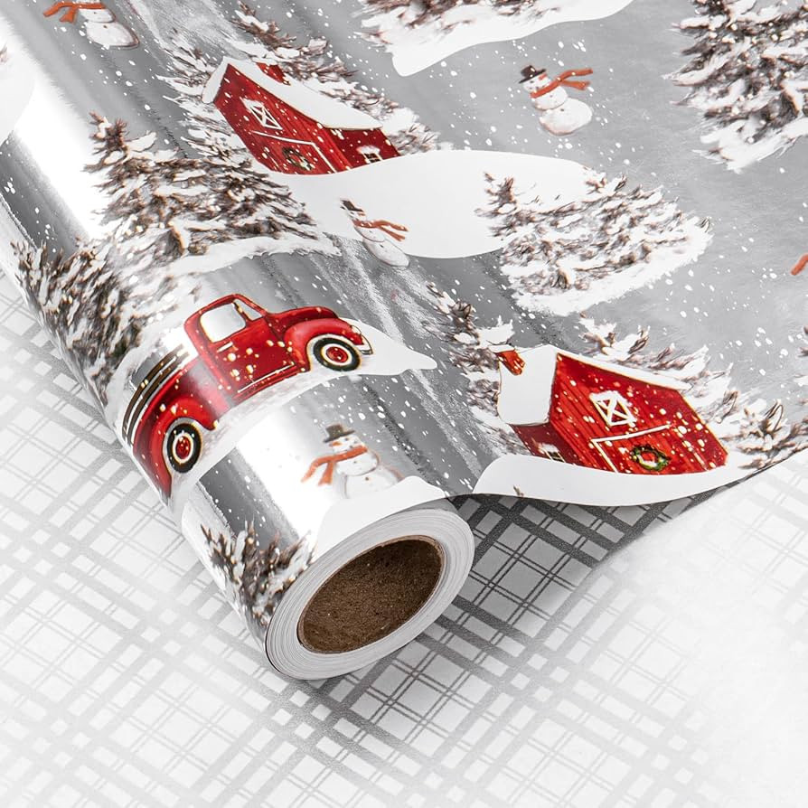 LeZakaa Christmas Silver Wrapping Paper Mini Roll for Boy Kid, Red Truck, Snowy Pine Forest & Gri... | Amazon (US)