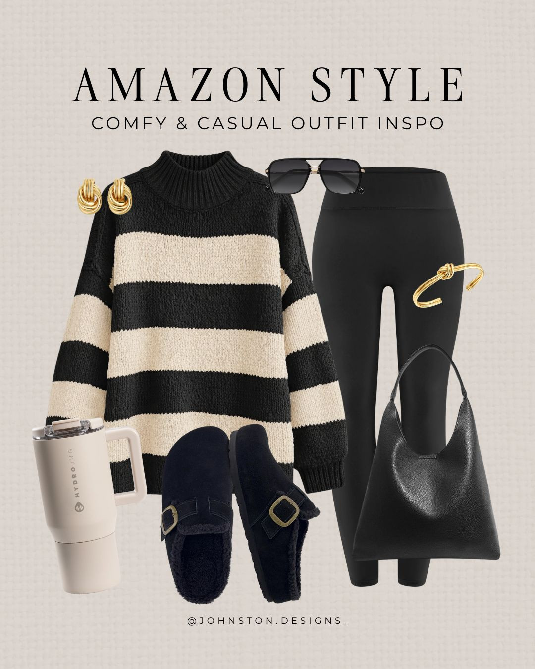 Comfy yet stylish outfit inspo! Cozy look with buttery soft leggings, a trendy striped sweater and chic look for less clogs clogs. Perfect for a day of lounging and running errands. 

Outfit inspo, styling leggings, mom style, drop off outfit, comfortable oversized sweater, winter fashion, cold weather style, Amazon fashion.
 

 #LTKootd #LTKFindsUnder50