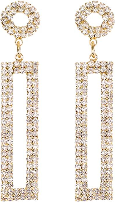Amazon.com: Legitta Rhinestone Long Drop Earrings Gold Cubic Zirconia Sparkly Statement Rectangle... | Amazon (US)