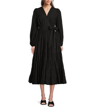 Tiered Long Sleeve Tie Waist Wrap Midi Dress | Dillard's
