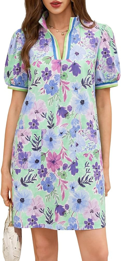 Wenrine Womens Summer Mini Dress Casual Puff Sleeve Floral V Neck Loose Boho Beach A Line Dresses... | Amazon (US)