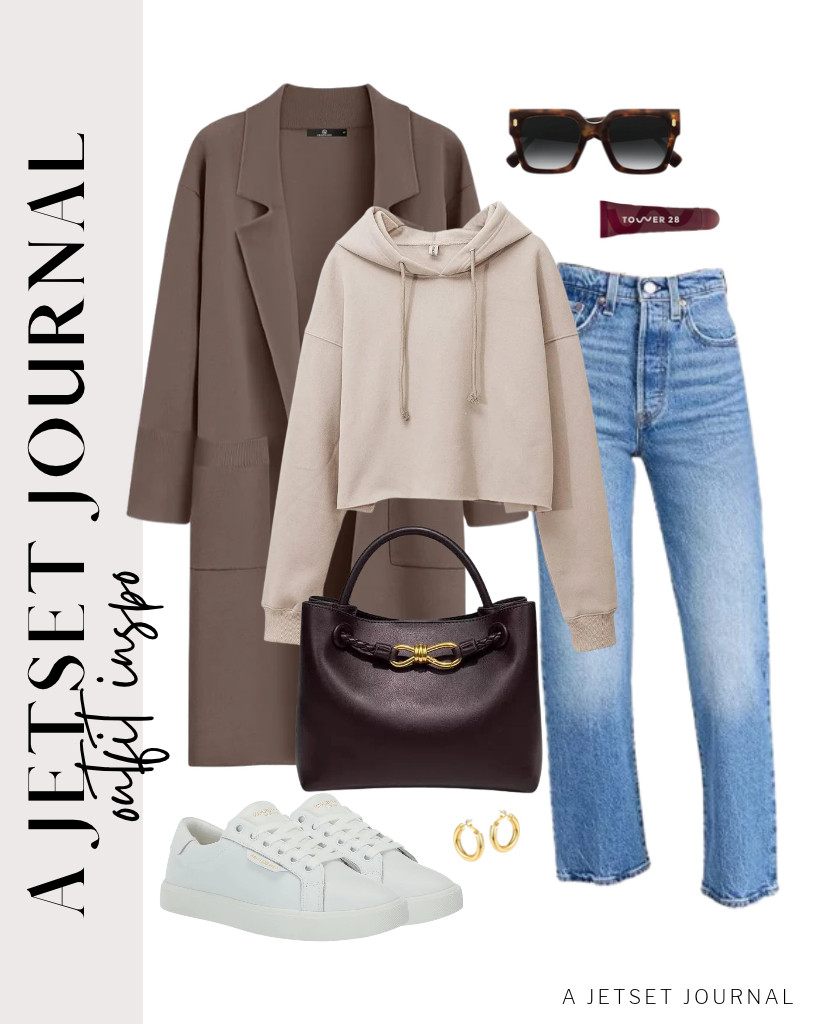 You can layer this nutmeg-colored LILLUSORY long cardigan sweater over this tan Amazhiyu cropped hoodie, then pair it with Levi’s ribcage straight-leg ankle jeans. This top-handle purse goes well with this fit, along with Sam Edelman Ethyl sneakers.  

 #LTKSeasonal #LTKSaleAlert #LTKTravel