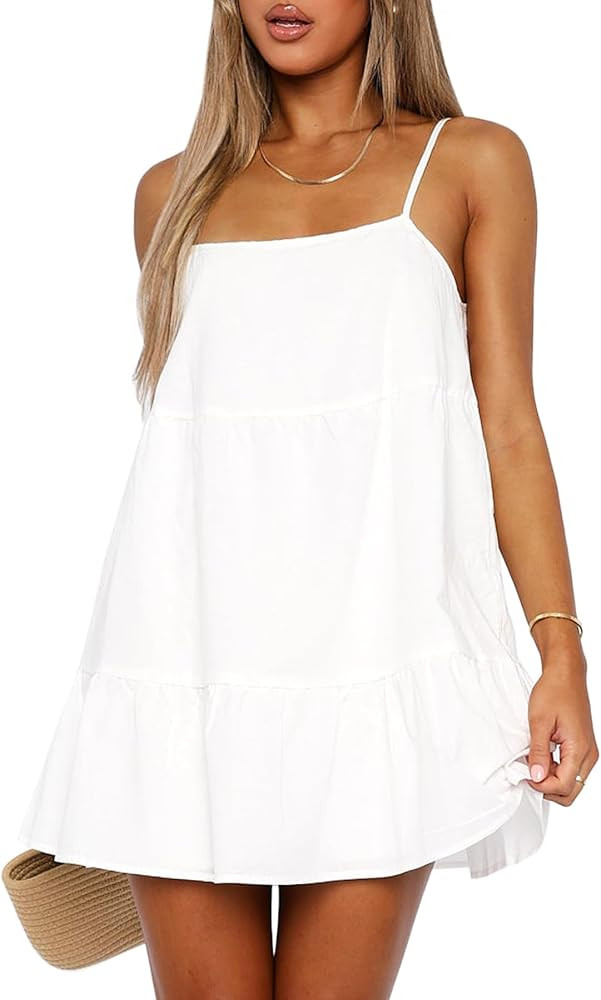 OZICERD Flowy Short Sundress Mini Babydoll Dresses for Women Going Out Tiered Ruffle Beach Spaghe... | Amazon (US)