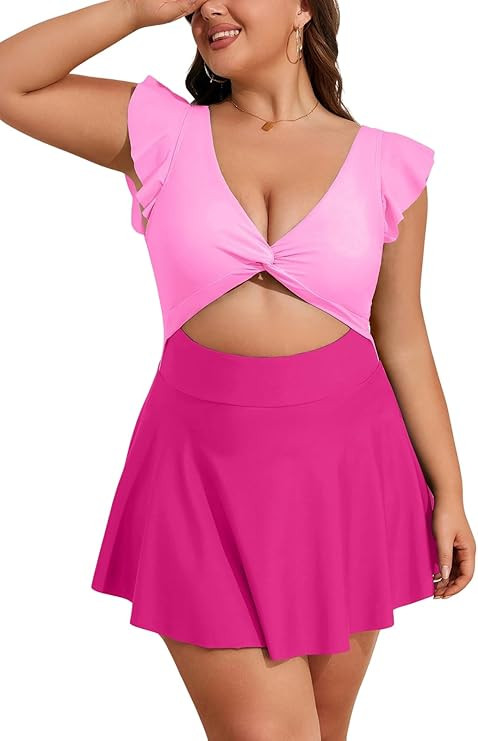 Eomenie Women Plus Size Ruffle One Piece Skirt Swimsuit V Neck Cutout Swimdress Tummy Control Twi... | Amazon (US)