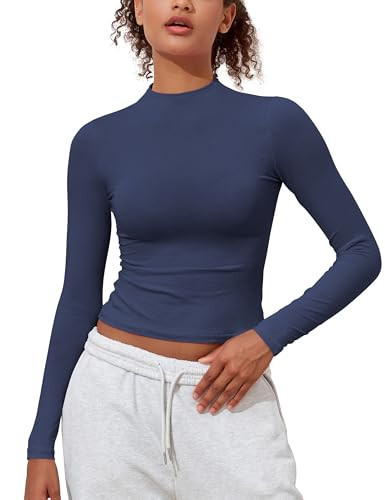 PrettyGuide Cotton Long Sleeve Mock Neck Shirts for Women Tight Fitted Going Out y2k Tops Basic Tee Navy Blue S | Amazon (US)