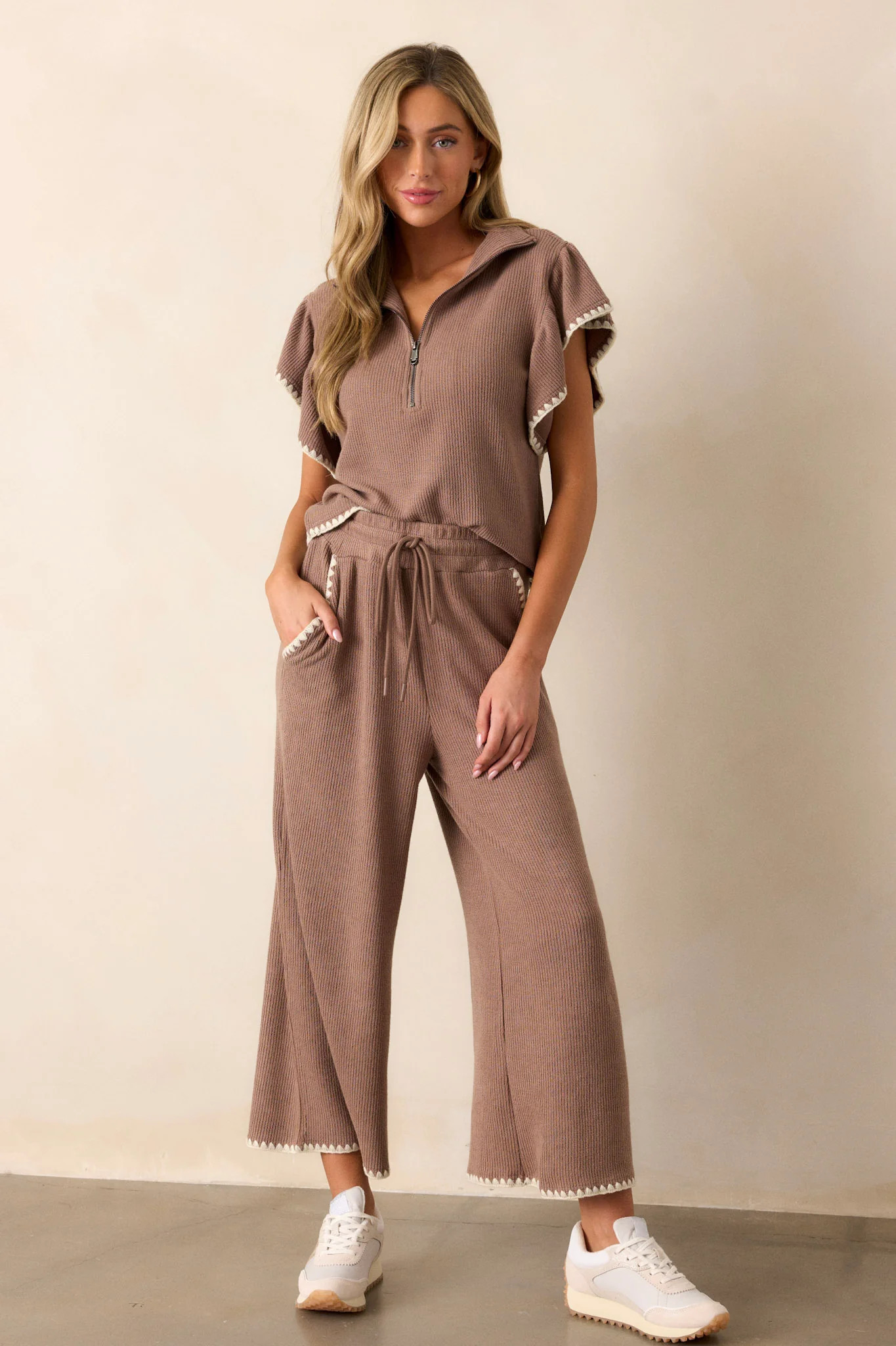 Anytime Now Mocha Blanket Stitch Wide Leg Pants | Red Dress