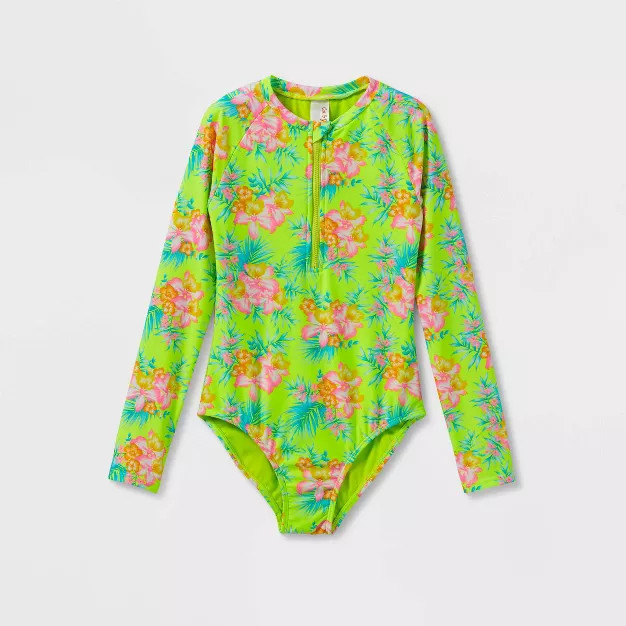 Girls' 'Tropic Love' Long Sleeve One Piece Rash Guard - Cat & Jack™ Lime Green | Target