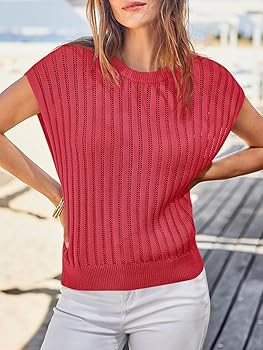 Saodimallsu Womens Summer Crochet Sweater Vest Cap Sleeve Knit Tops Casual Crewneck Sleeveless Sw... | Amazon (US)