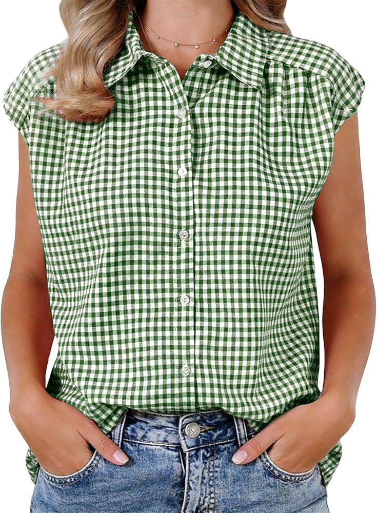 Allegra K Gingham Shirt for Women's Work Cap Sleeve Vintage Plaid Button Down Blouse | Amazon (US)