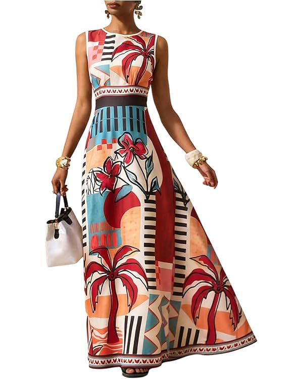 GORGLITTER Women's Sleeveless Maxi Mexican Dress Floral Boho Garden Party Sundress Wedding Guest ... | Amazon (US)