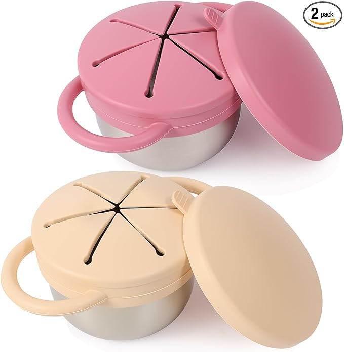 2 Pack Stainless Steel Spill Proof Snack Cup for Baby Toddlers Kids, with Silicone Food Catcher, ... | Amazon (US)