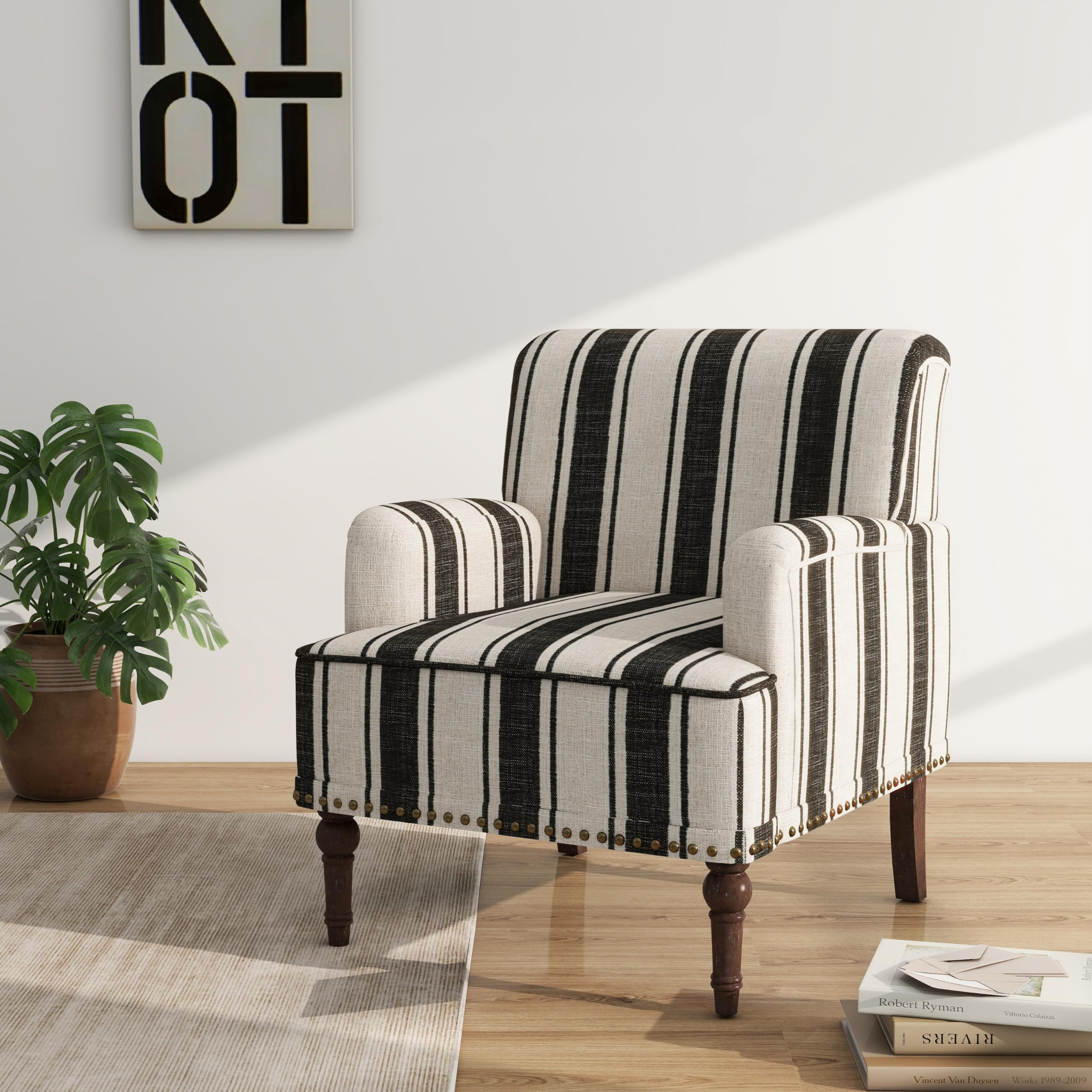 Amazon.com: DREAMSIDEA Accent Chair, Mid Century Modern Comfy Armchair for Living Room, Linen Fabric Single Sofa Lounge for Reading Bedroom Apartment Waiting Room with Wood Legs (Black Stripe, Set of 1) : Home & Kitchen | Amazon (US)