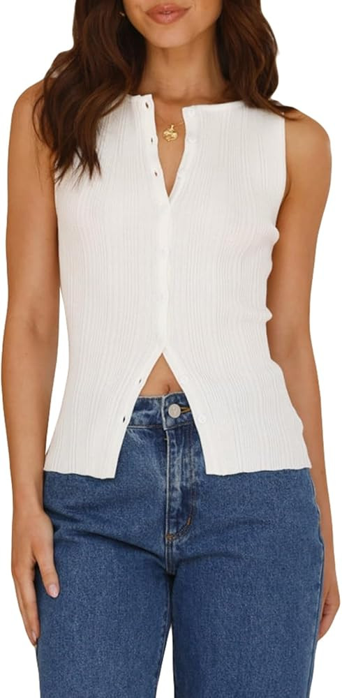 Women's Casual Sleeveless Ribbed Knit Tank Tops Slim Button Down Round Neck Front VES Shirt | Amazon (US)