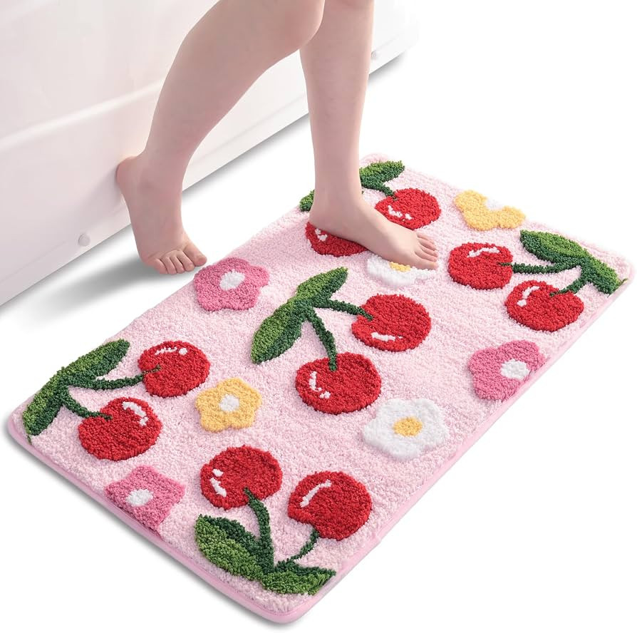 Anybar Pink Bathroom Rugs Cute Cherry Bath Mat Coloful Bathroom Accessories, Funny Flower Rug Non... | Amazon (US)