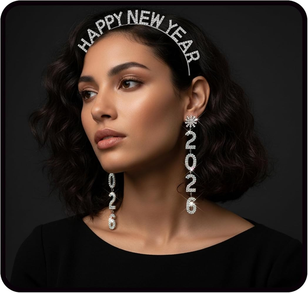 2026 New Years Eve Headband Earrings for Women, Happy New Years Accessories, Silver Sparkly Rhine... | Amazon (US)