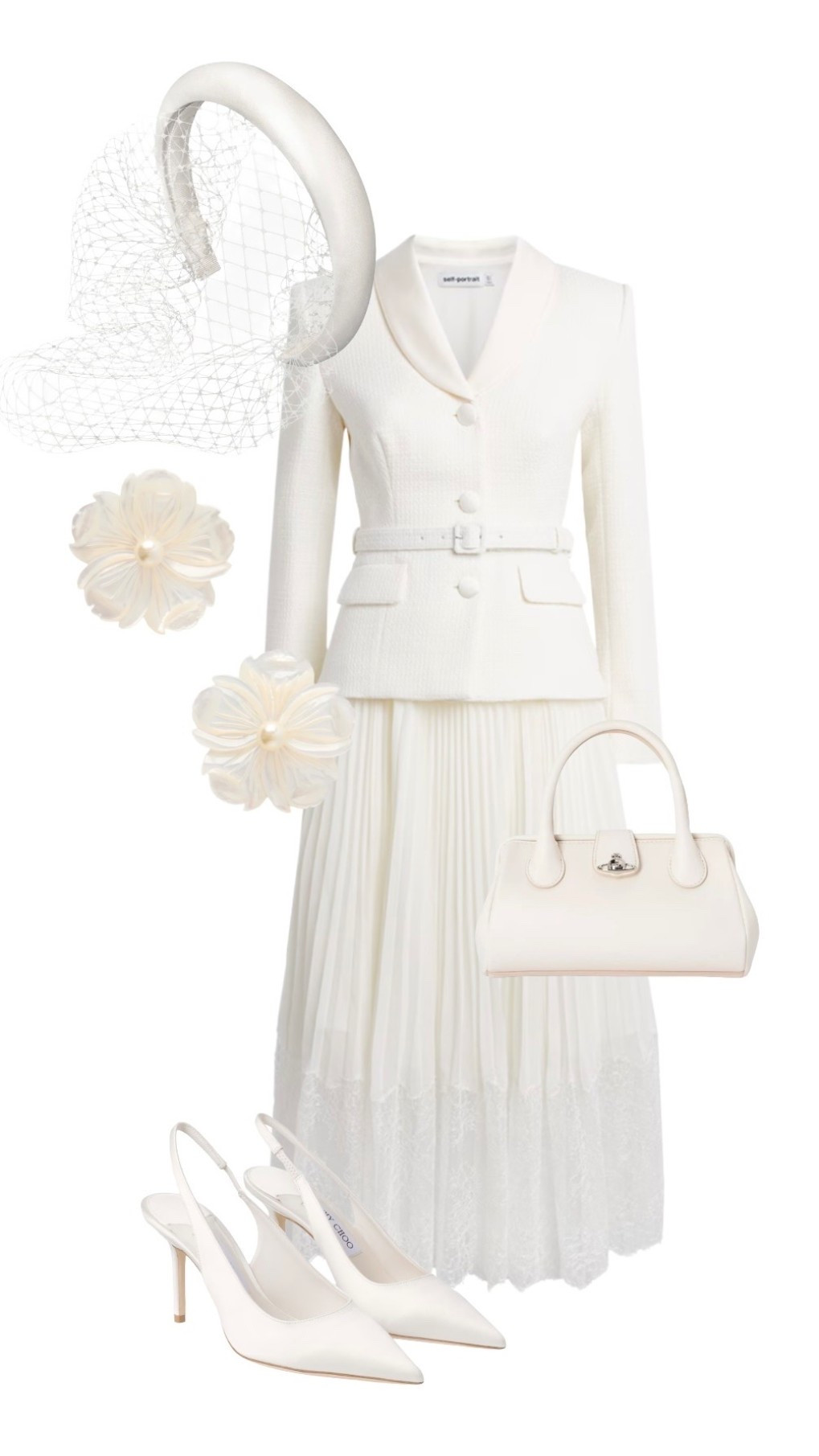 If I happened to be getting married today, this is the kind of timeless ensemble I would opt for. I also wanted to show that many brides will spend more on the dress than this whole outfit - and could there be anything more beautiful than this in any case? 

Tailored Boucle Belted Jacket Dress - NEW SEASON Self Portrait at Harvey Nichols 

Cream Padded Satin Headband Veil - Jennifer Behr

Mother of Pearl Flower Earrings - Jennifer Behr at Net a Porter 

Ivory Leather Top Handle Clutch Bag - Vivienne Westwood

Ivory Love 85 Satin Slingback Heels - Jimmy Choo at Harrods 

#LTKbridal #LTKshoes #LTKstyletip #LTKeurope #LTKsale #LTKuk

#LTKwedding #LTKdresses #LTKluxury