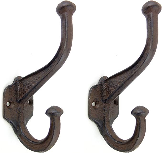 Wall Hooks - Set of 2 - Antique Brown Cast Iron- 6 Inches High, 2 Inches Length and 3 Inches Wide | Amazon (US)