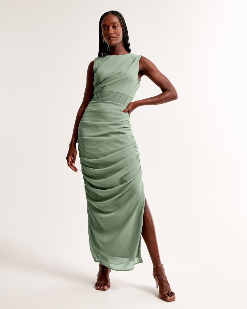 Draped Sheer Waist Maxi Dress | Sage Green Dress | Green Wedding Guest Dress | Abercrombie & Fitch (US)