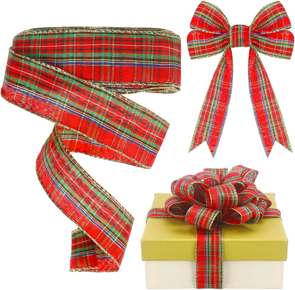 Yinder Plaid Christmas Wired Ribbon 1 Inch 60 Yard Traditional Red Tartan Plaid Christmas Holiday... | Amazon (US)