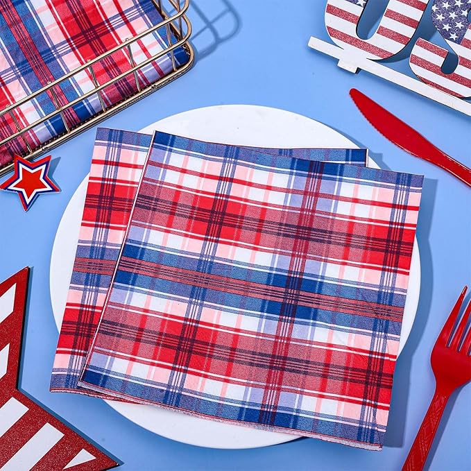 Whaline 80Pcs 250th Anniversary 4th of July Plaid Paper Napkin Patriotic Red Blue Checkered Dispo... | Amazon (US)