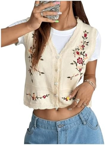 GORGLITTER Women's Flower Embroideried Boho Sweater Vest Sleeveless Fall Vintage Crochet Cardigan... | Amazon (US)