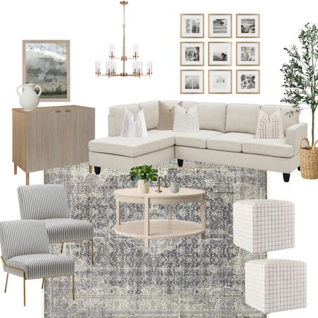 Living room design. Rug, sectional, coffee table, ottoman, faux tree, basket, cabinet, chandelier, art, gallery wall, armless chair, throw pillows

#LTKhome #LTKunder50 #LTKunder100