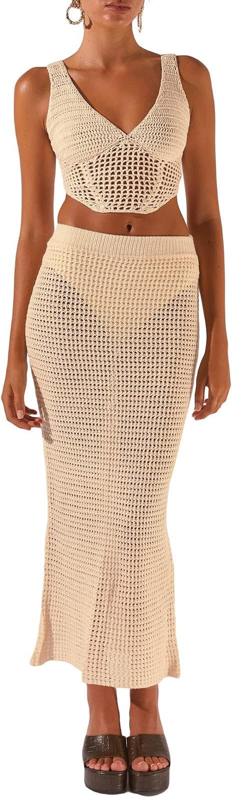 Women Crochet Knitted Skirts Set Hollow Out Lace up Swimsuit Cover Ups 2Pcs Knitted Outfits Set S... | Amazon (CA)